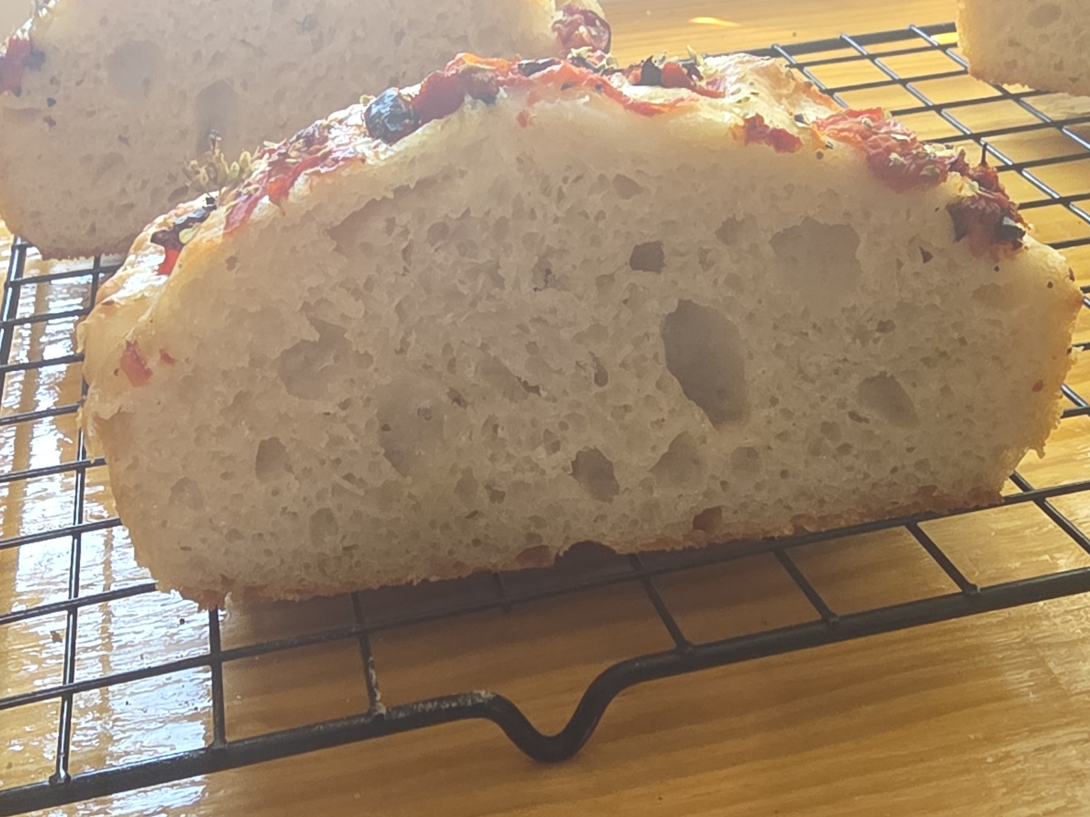 A close, backlit view of one cut face. Small even cells fill most of the crumb, with several larger irregular pockets through the upper middle.