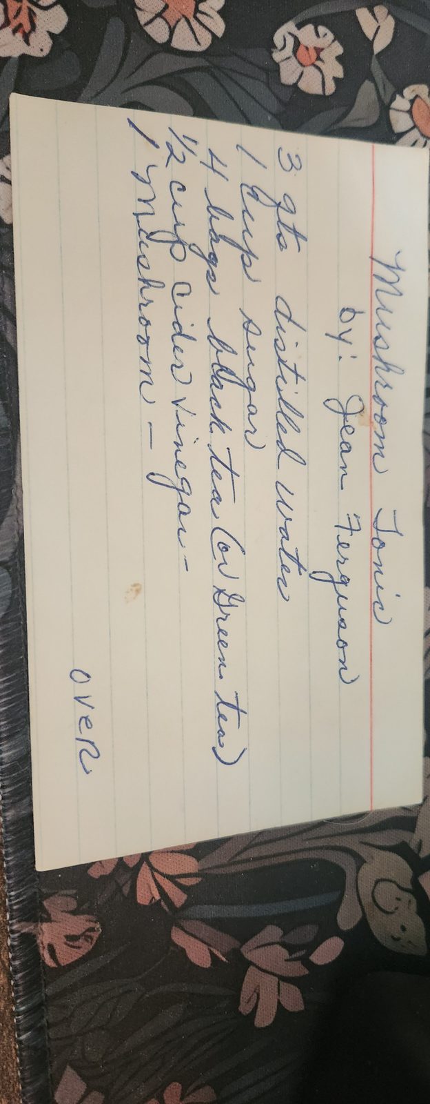 The card itself, headed Mushroom Tonic, by Jean Ferguson: distilled water, sugar, black tea, cider vinegar and one mushroom.